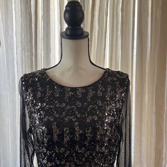 Belle Bagley Mischka Black Sequin Winola Sheath Stretch Evening Dress Size 14 - Picture 2 of 13